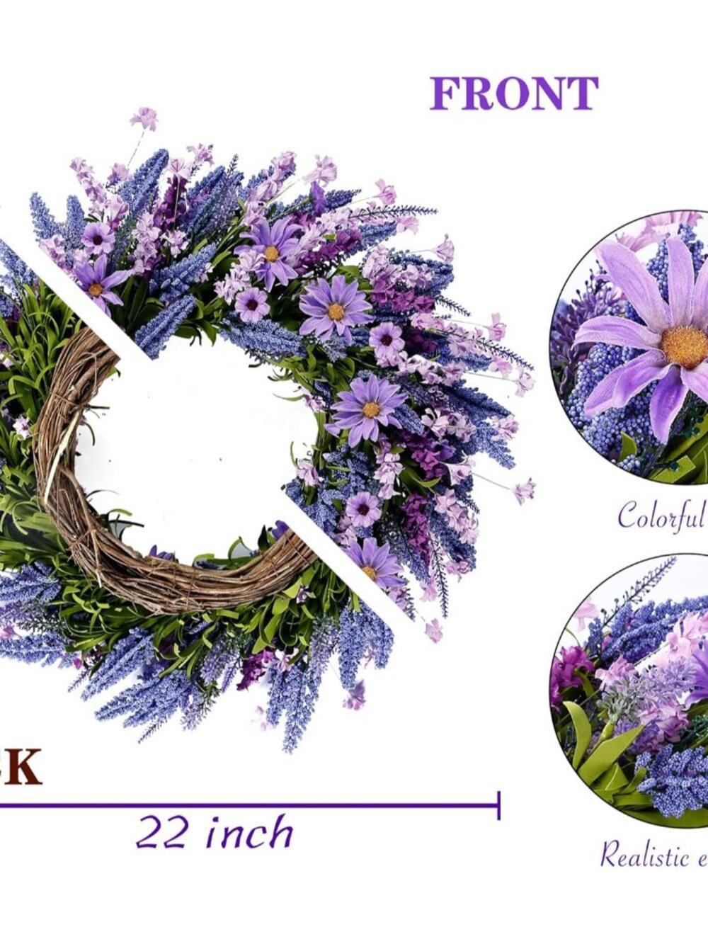 Lavender Wreath for Front Door 22 Inch - Purple Daisy Spring Summer Artificial W - Picture 7 of 7